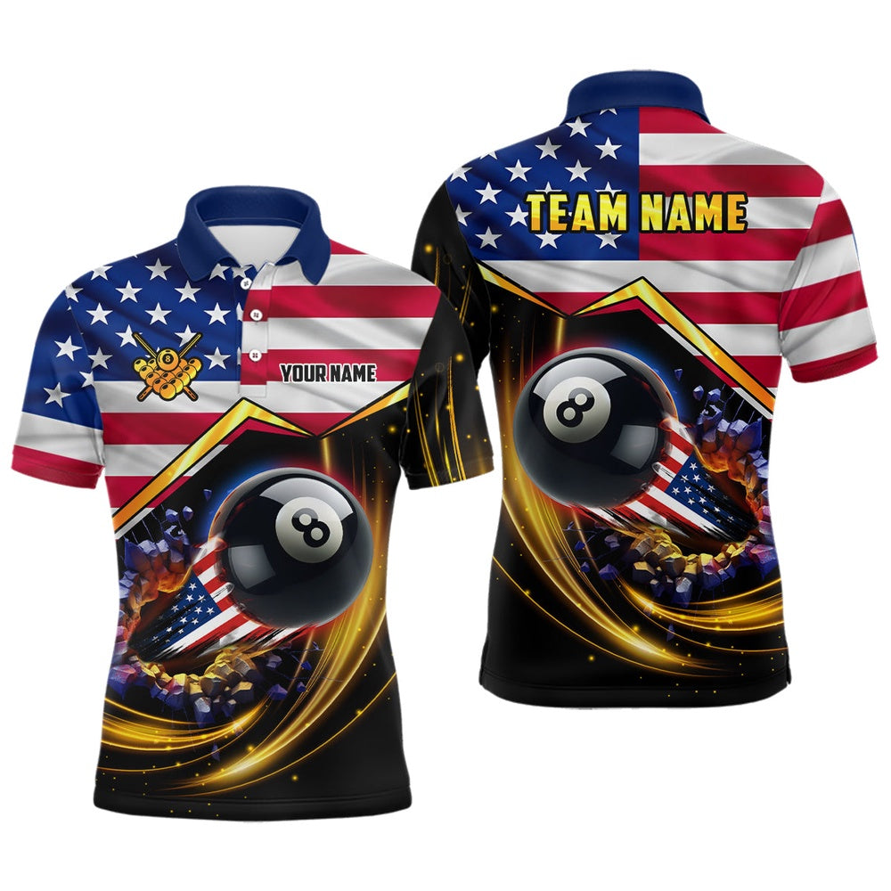 American Flag 8 Ball Pool Billiard Shirts Custom Patriotic 4Th Of July Billiard Polo, Billiard Team Polo Shirts