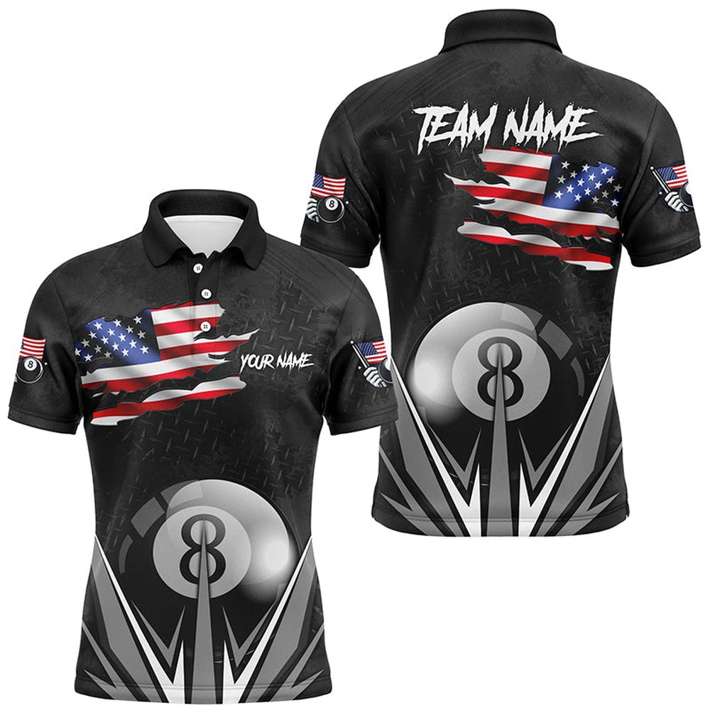 American Flag 8 Ball Pool Custom Name Black Billiard Polo, Patriotic Billiard Shirts, Billiard Team Polo Shirts