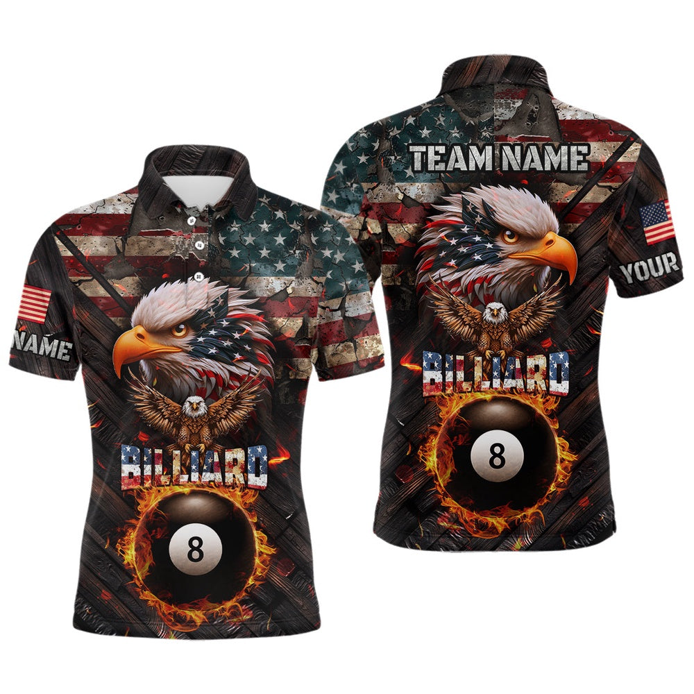 American Flag 8 Ball Pool Fire Custom Eagle Billiard Shirts, Patriotic Billiard Team Polo, Billiard Team Polo Shirts