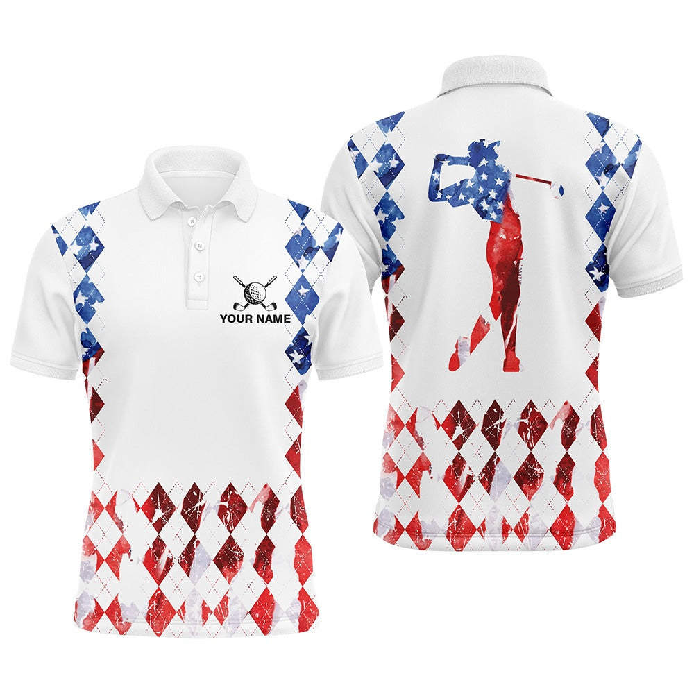 American Flag Argyle Pattern Matching Golf Polo Shirts For Couples Custom Patriotic Golf Outfits, Golf Polo Shirts