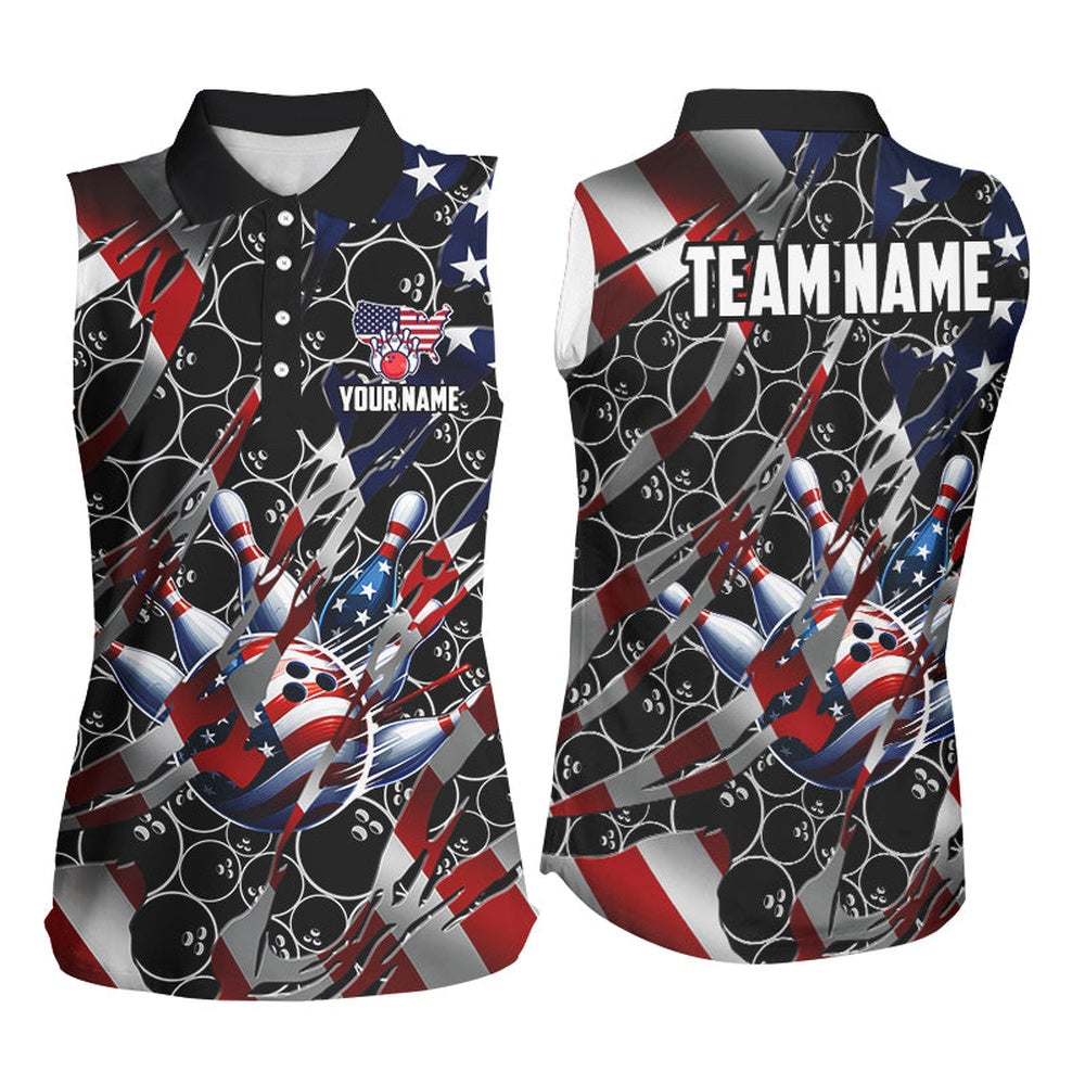 American Flag Black Bowling Camo Women Sleeveless Polo Shirt Custom Patriotic Bowling Team Polo, Women Bowling Shirts