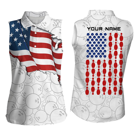 American Flag Bowling Shirt For Womens Custom Sleeveless Polo Shirts For Team Patriots Bowlers, Women Bowling Shirts