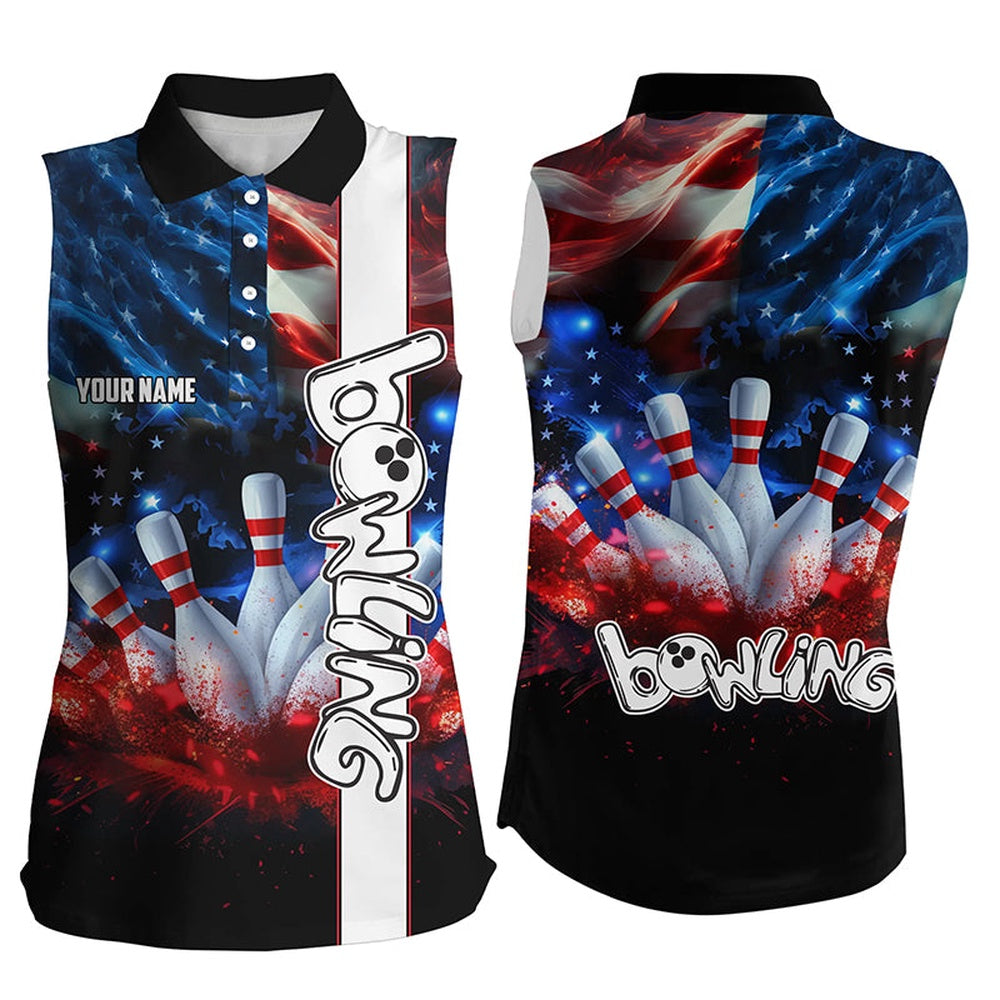 American Flag Bowling Sleeveless Polo Shirts Custom Bowling Team Polo, Patriotic Gifts For Bowlers, Women Bowling Shirts