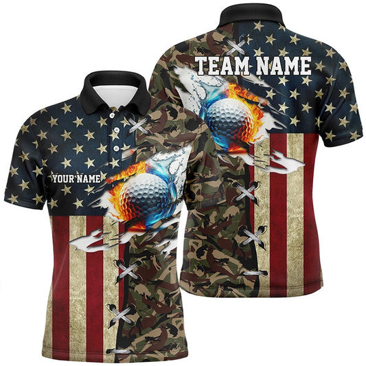 American Flag Camo Mens Golf Polo Shirts Custom Fire Water Golf Ball Team Golf Shirtss, Golf Polo Shirts