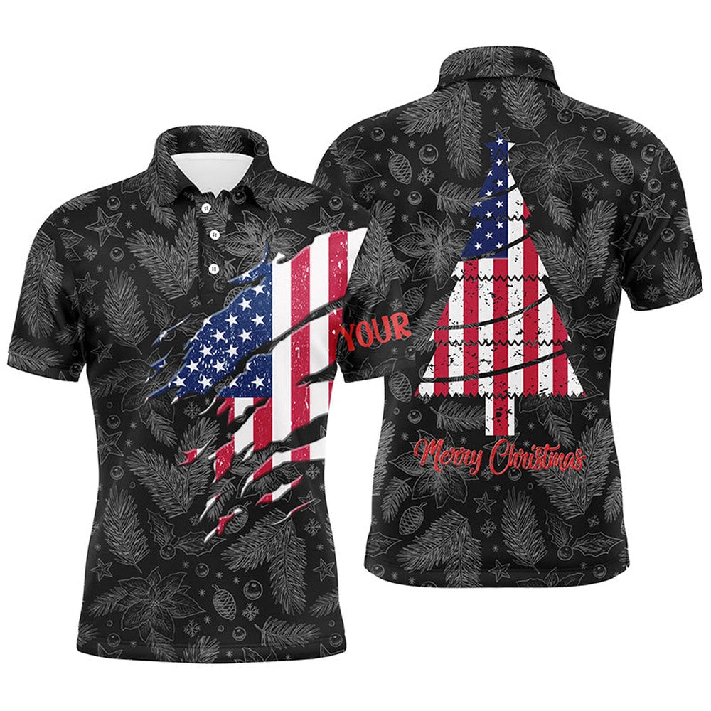 American Flag Christmas Mens Golf Polo Shirt Custom Retro Patriotic Golf Shirts Golf Gifts, Golf Polo Shirts