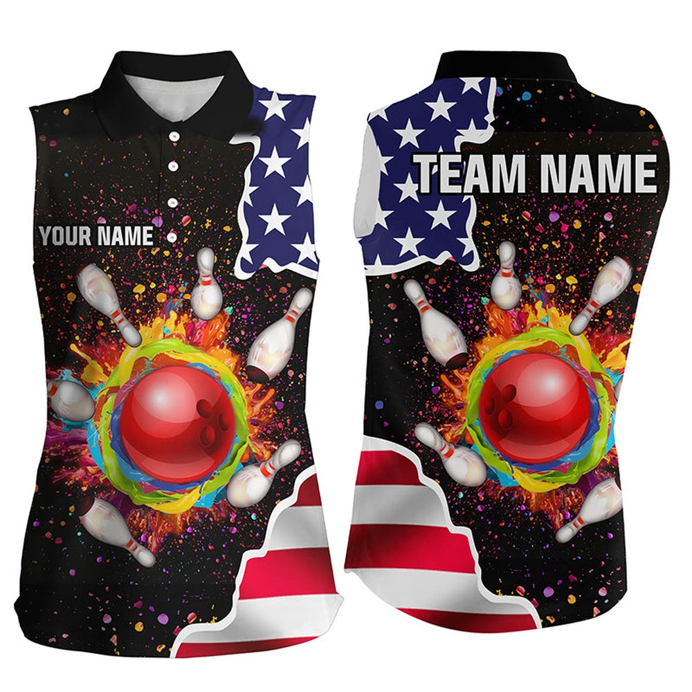 American Flag Colorful Painted Bowling Ball Pins Custom Team League Sleeveless Polo Shirt For Women, Women Bowling Shirts
