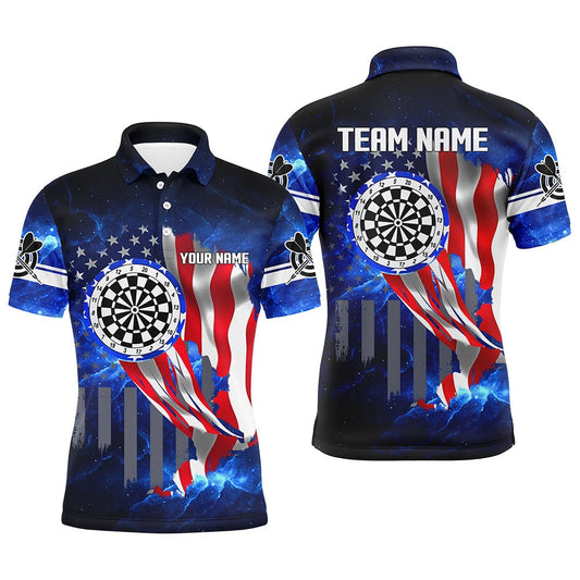 American Flag Darts Board Blue Galaxy Men Darts Polo Shirts Custom Patriotic League Darts Polo, Darts Team Polo Shirt