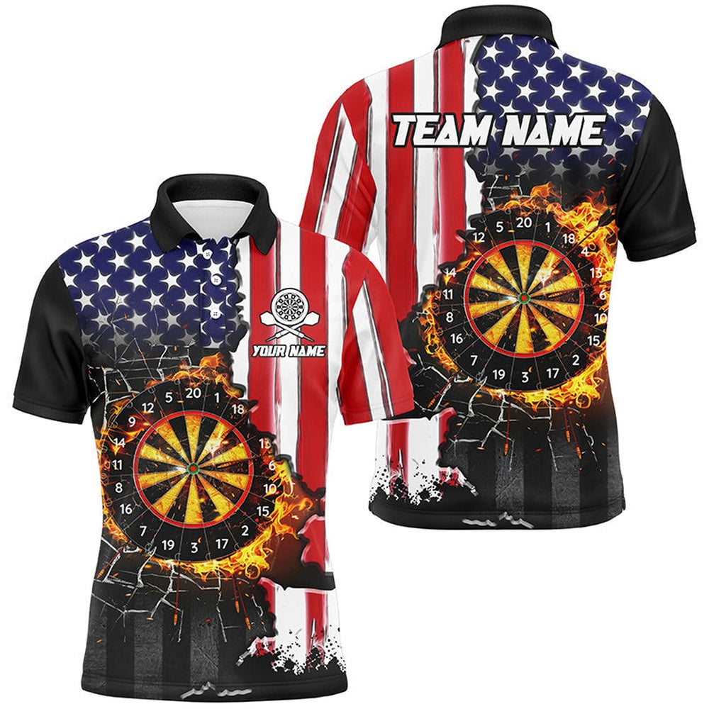 American Flag Darts Board Fire Flame Break Glass Custom Men Darts Shirts, Patriotic Darts Polo, Darts Team Polo Shirt