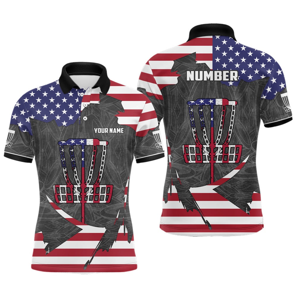 American Flag Disc Golf Basket Customized Patriotic Disc Golf Shirts Retro Mens Golf Tops, Golf Polo Shirts