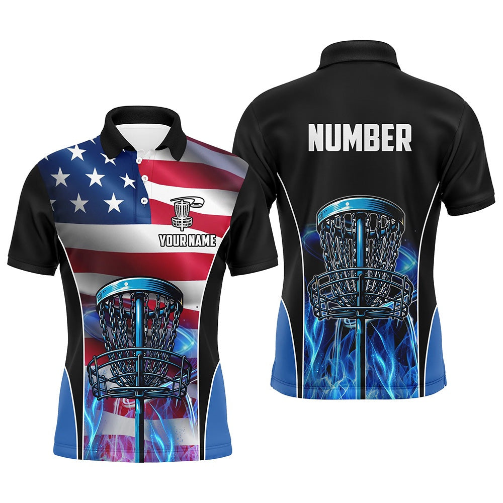 American Flag Disc Golf Basket Patriotic Men Polo Shirts Custom Blue Fire Disc Golf Topss, Golf Polo Shirts