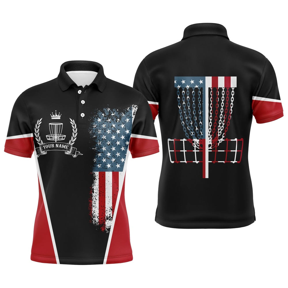 American Flag Disc Golf Basket Patriotic Men Polo Shirts Custom Name Disc Golf Shirts, Golf Polo Shirts