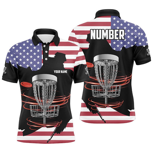 American Flag Disc Golf Basket Patriotic Men Polo Shirts Custom Name Disc Golf Topss, Golf Polo Shirts