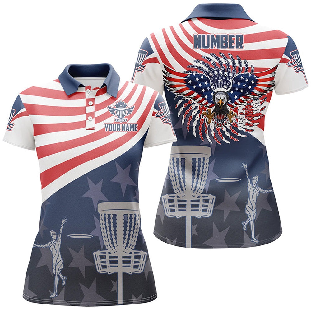 American Flag Disc Golf Polo Shirts Patriotic Us Eagle Custom Disc Golf Shirts For Women, Golf Polo Shirts