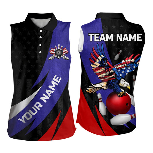 American Flag Eagle Bowling Sleeveless Polo Shirts For Women Custom Patriotic Team Bowling Polo, Women Bowling Shirts