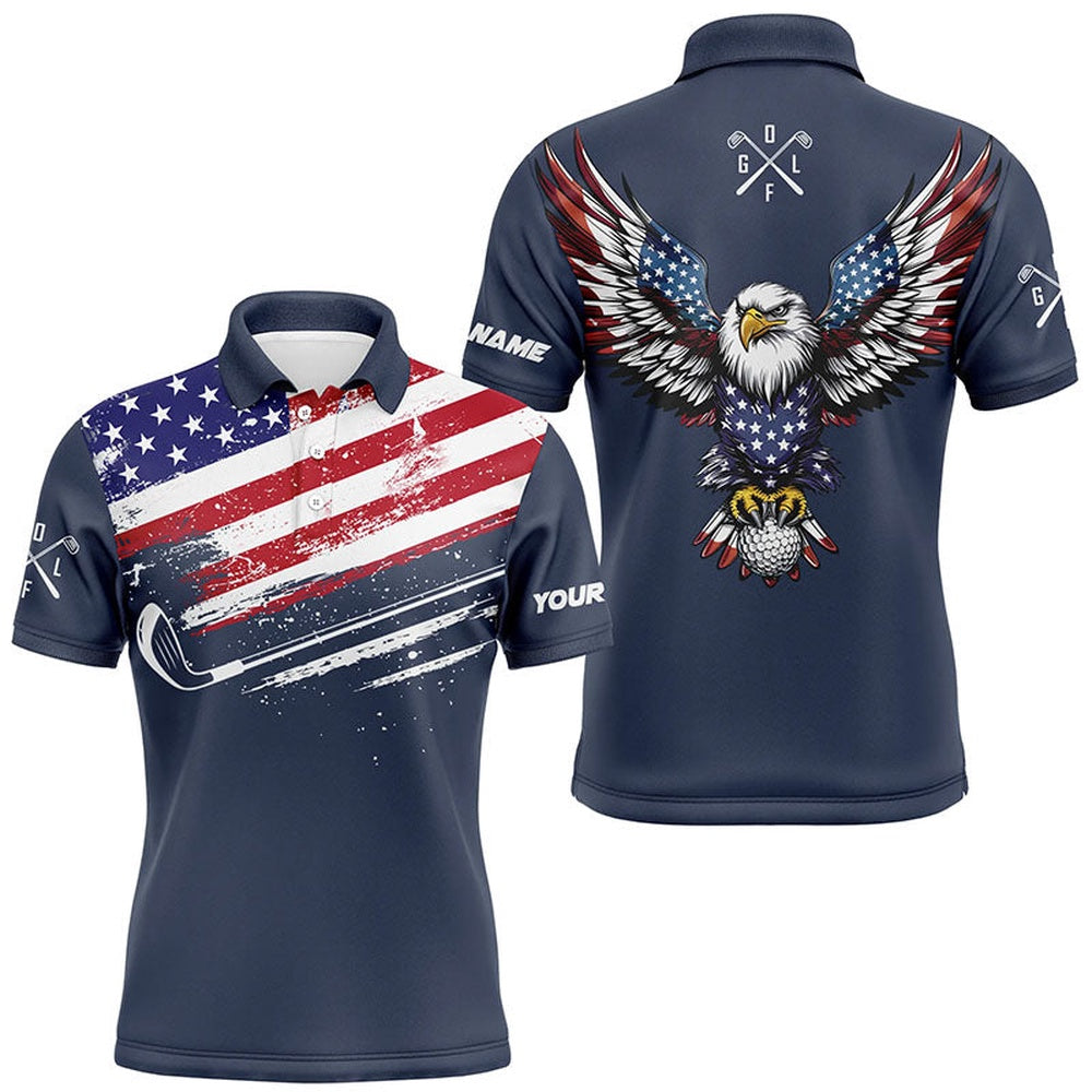 American Flag Eagle Mens Golf Polo Shirts Custom Patriotic Team Golf Shirts, Golfer Gifts  Navy, Golf Polo Shirts
