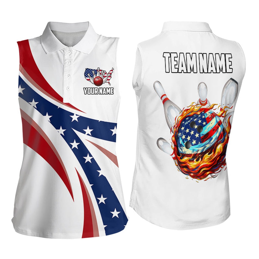 American Flag Flame Bowling Ball Pins Sleeveless Polo Shirt Personalized Patriotic Bowling Team Shirts, Women Bowling Shirts