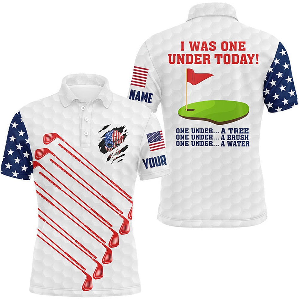 American Flag Golf Clubs Custom Mens Golf Polo Shirt I Was One Under Today One Under A Tree Bush Water, Golf Polo Shirts