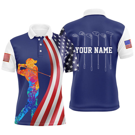 American Flag Golf Clubs Mens Golf Polo Shirt Custom Watercolor Golf Clothes, Unique Golf Gift, Golf Polo Shirts