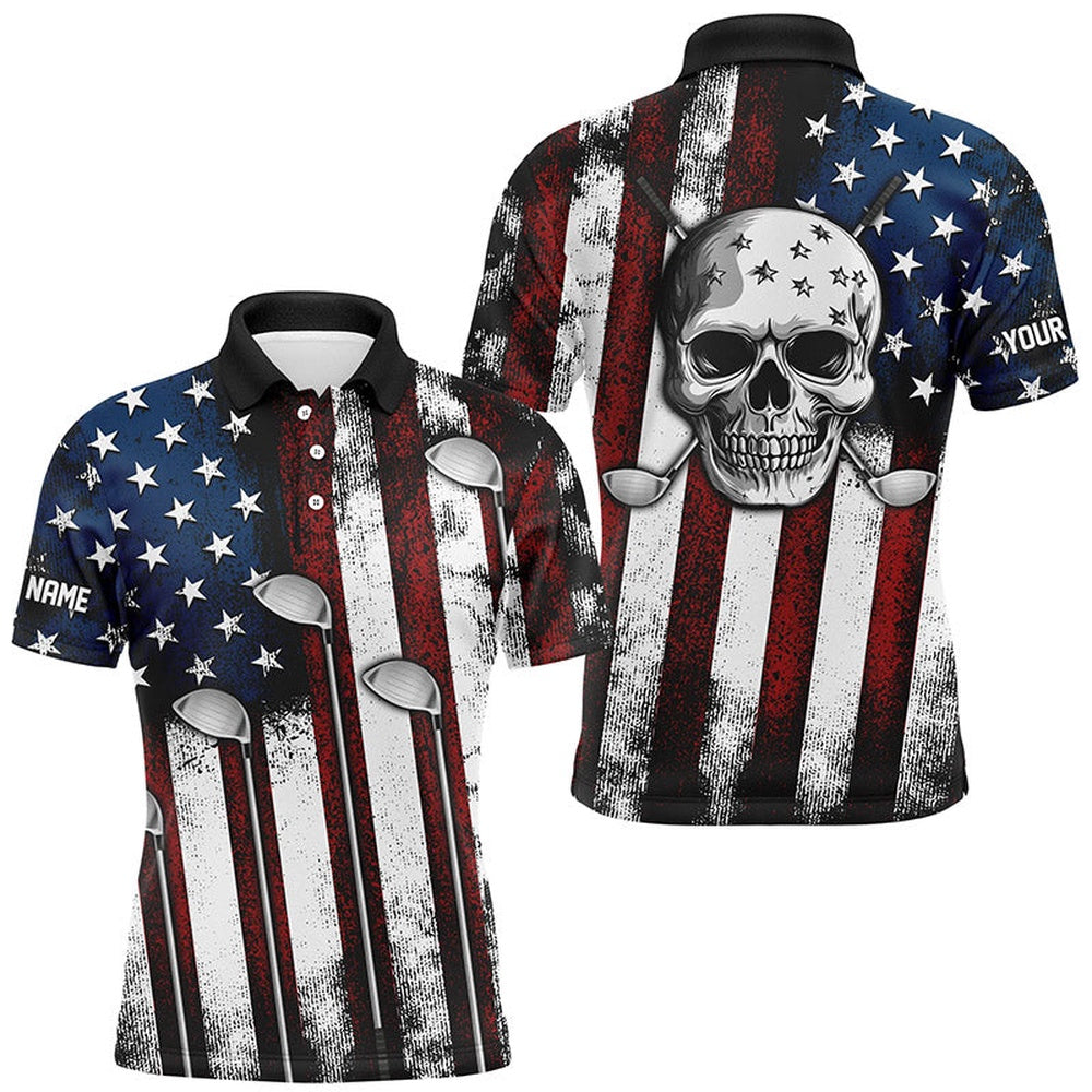 American Flag Golf Clubs Skull Mens Golf Polo Shirts Custom Patriotic Golf Attire Golfer Gifts, Golf Polo Shirts