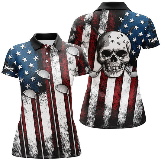 American Flag Golf Clubs Skull Women Golf Polo Shirt Custom Patriotic Golf Attire For Women Golfer, Golf Polo Shirts
