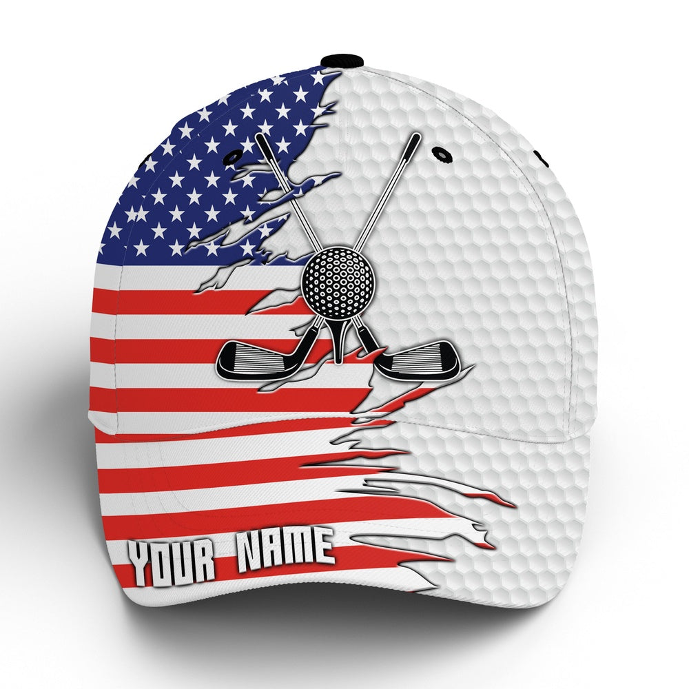 American Flag Golf Clubs White Golf Ball Skin Golfer Hat Custom Name Patriotic Sun Hats For Mens, Golf Baseball Cap