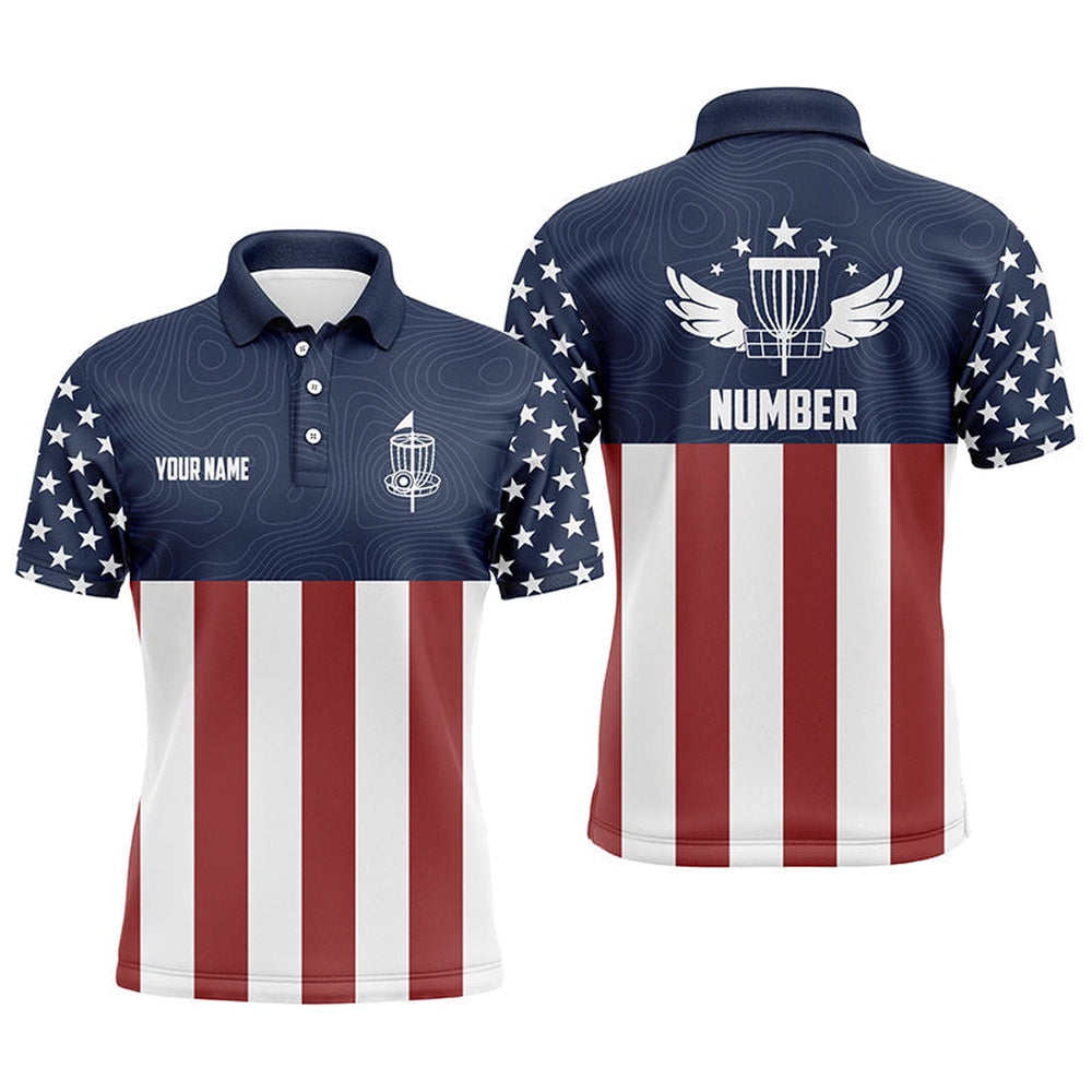 American Flag Golf Course Mens Disc Golf Polo Shirts Custom Patriotic Disc Golf Shirts, Golf Polo Shirts