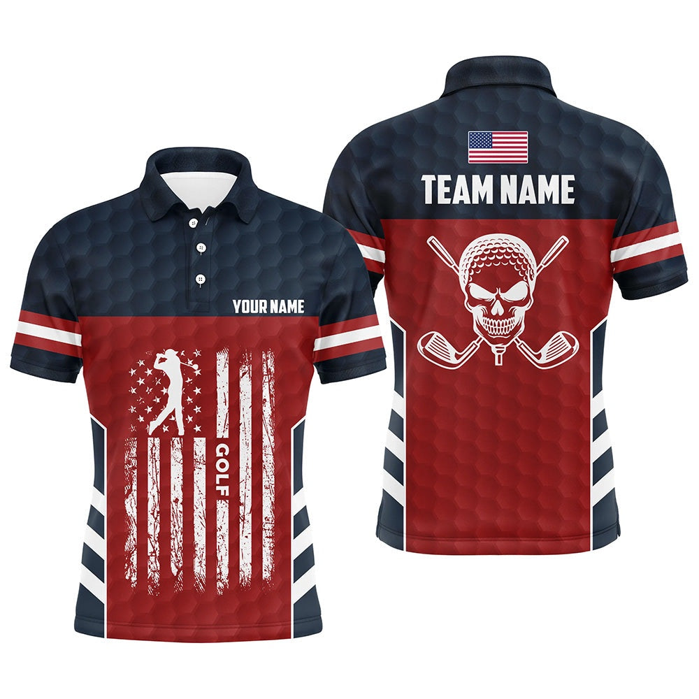 American Flag Golf Pattern Men Polo Shirt Custom Skull Patriotic Golf Shirts Golf Gifts, Golf Polo Shirts
