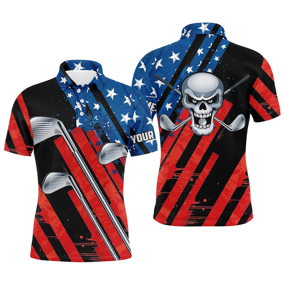 American Flag Golf Skull Patriotic Golf Clubs Black Men Polo Shirts Custom Team Golf Polo Shirt, Golf Polo Shirts