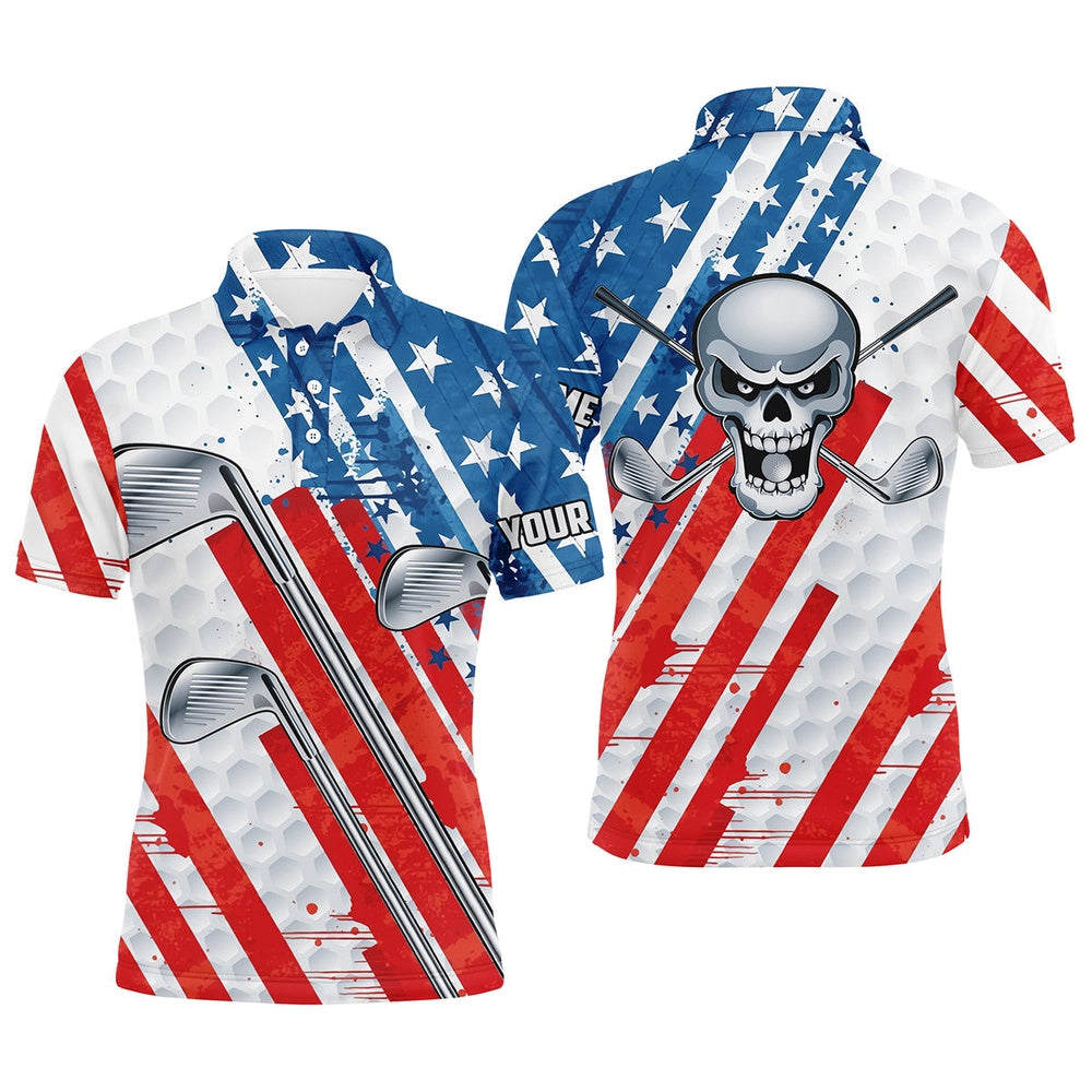 American Flag Golf Skull Patriotic Golf Clubs Men Polo Shirts Custom Team Golf Polo Shirt, Golf Polo Shirts