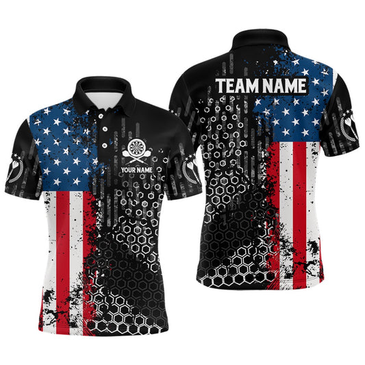 American Flag Hive Pattern Mens Darts Polo Shirt Custom Patriotic Darts Polo For Men, Darts Team Polo Shirt