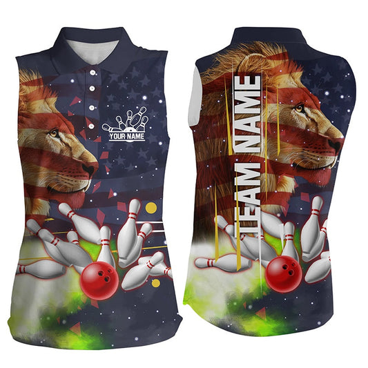 American Flag Lion Bowling Sleeveless Polo Shirt For Women Custom Patriotic Bowling Team Polo, Women Bowling Shirts