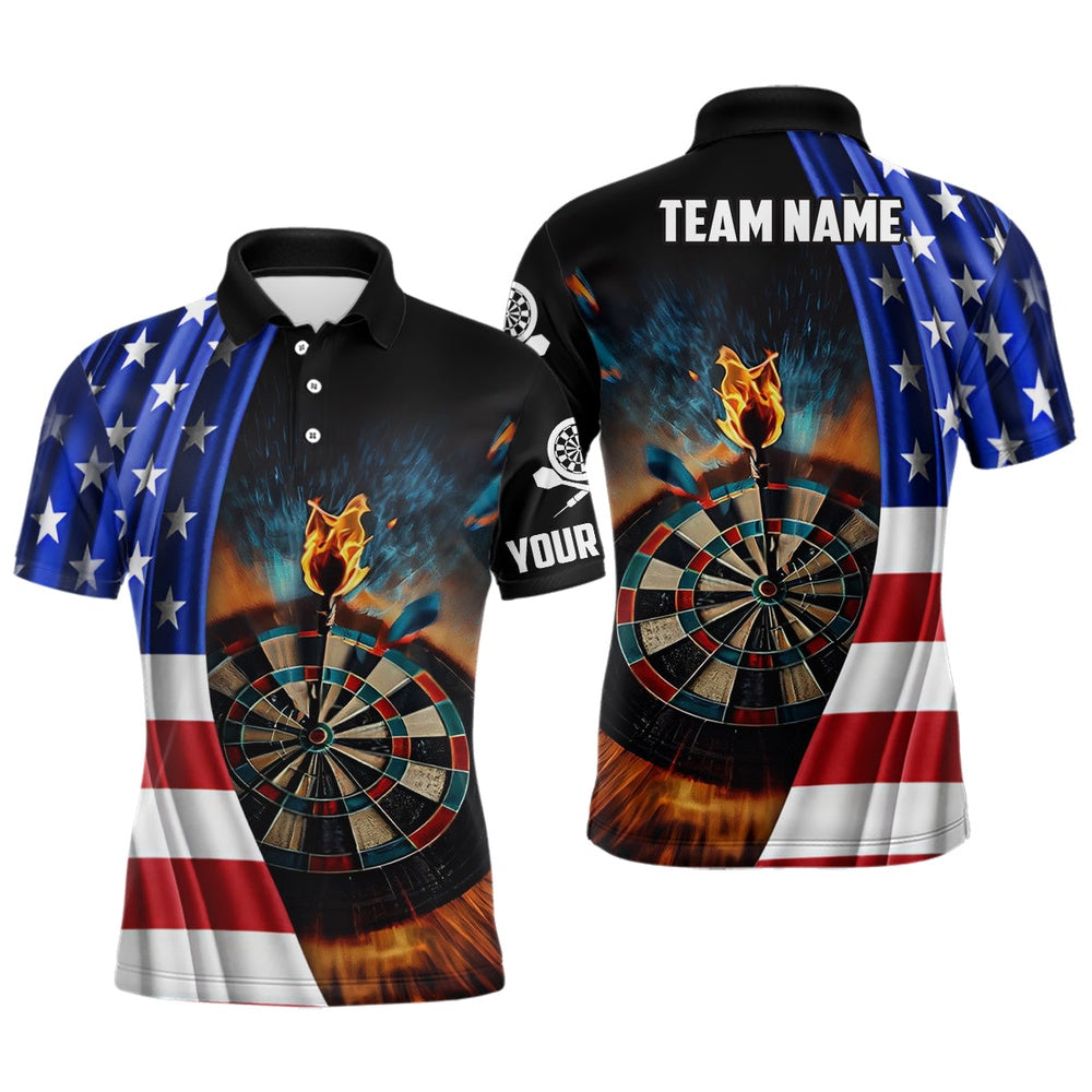 American Flag Mens Darts Polo Shirt Custom Fire Patriotic Darts Shirt For Men Dart Polo, Darts Team Polo Shirt