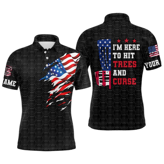 American Flag Mens Disc Golf Polo Shirt Custom Black Disc Golf Pattern I'm Here To Hit Trees And Curse, Golf Polo Shirts