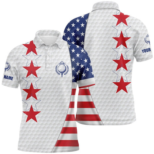American Flag Mens Golf Polo Shirt Custom Patriotic White Golf Ball Skin Shirt, Golf Polo Shirts