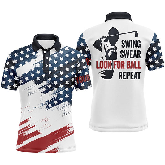 American Flag Mens Golf Polos Shirts Custom Name Patriot Golf Gifts, Swing Swear Look For Ball Repeat, Golf Polo Shirts