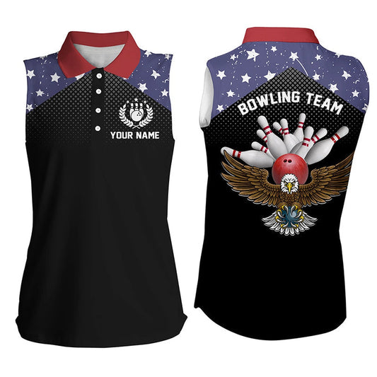 American Flag Patriot Women Sleeveless Polo Shirts Custom Name & Team Name Bowling Team Shirts Polo, Women Bowling Shirts