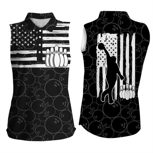 American Flag Patriotic Black Bowling Pattern Bowling Sleeveless Polo Shirts For Women, Women Bowling Shirts