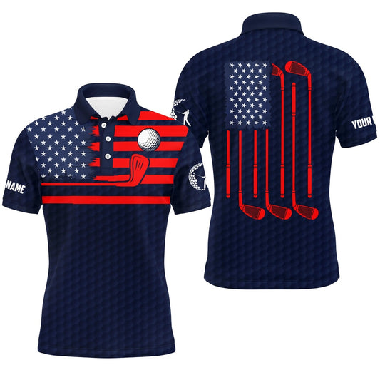 American Flag Patriotic Men Golf Polo Shirts Custom Name Blue Golf Polo Shirt Mens, Unique Golf Gifts, Golf Polo Shirts