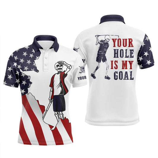 American Flag Patriotic Mens Golf Polos Shirts Custom Name Funny Golf Skull Your Hole Is My Goal, Golf Polo Shirts