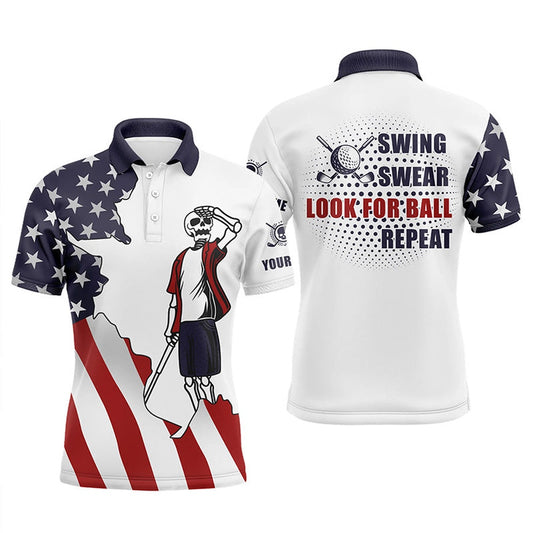 American Flag Patriotic Mens Golf Polos Shirts Custom Name Golf Skull Swing Swear Look For Ball Repeat, Golf Polo Shirts