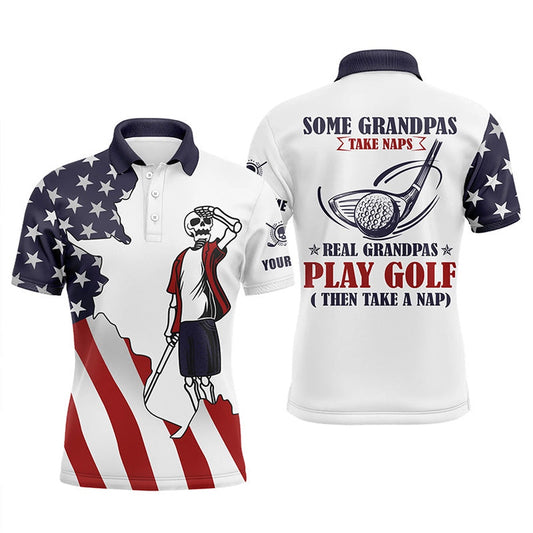 American Flag Patriotic Mens Golf Polos Shirts Custom Skull Grandpas Take Naps Real Grandpas Play Golf, Golf Polo Shirts