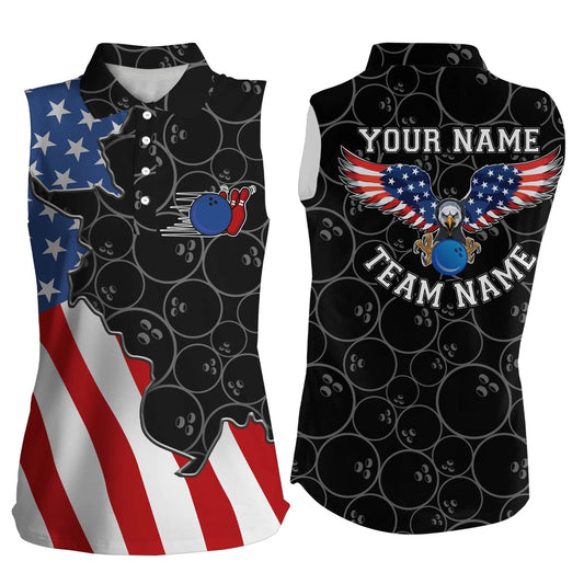 American Flag Patriotic Retro Bowling Sleeveless Polo Shirts For Women Custom Bowling Team Polo, Women Bowling Shirts