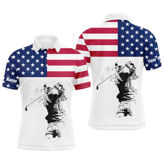 American Flag Patriotic White Mens Golf Polo Custom Name Golf Gift, Golf Polo Shirts