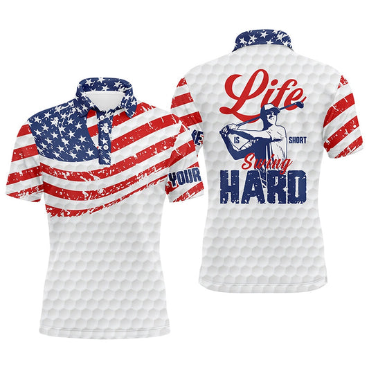 American Flag Patriotic White Mens Golf Polo Shirt Custom Life Is Short Swing Hard Golf Shirt, Golf Polo Shirts