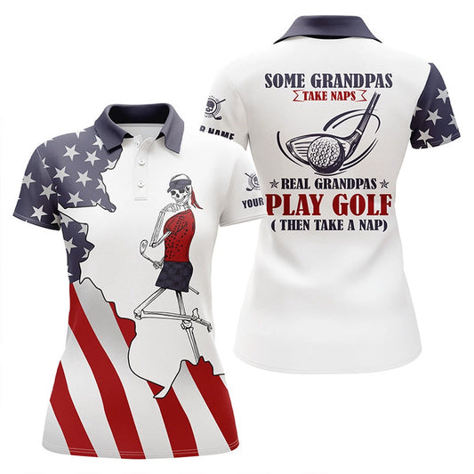 American Flag Patriotic Women Golf Polos Shirt Custom Skull Grandmas Take Naps Real Grandmas Play Golf, Golf Polo Shirts