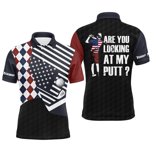American Flag Red White Blue Argyle Pattern Mens Golf Polo Shirts Custom Are You Looking At My Putts, Golf Polo Shirts