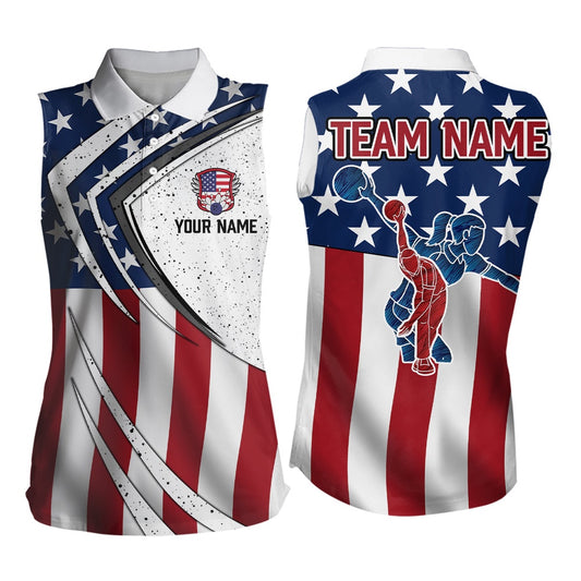 American Flag Retro Bowling Shirts For Women Custom Patriotic Bowling Team League Sleeveless Polos, Women Bowling Shirts