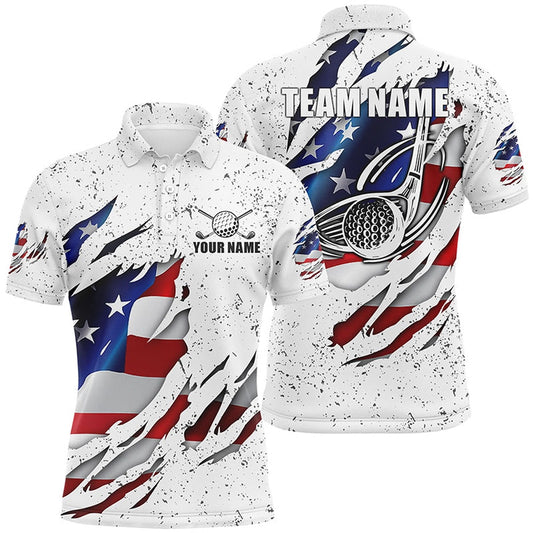 American Flag Ripped White Grunge Golf Men Polo Shirts Custom Patriotic Golf Shirts, Golf Polo Shirts