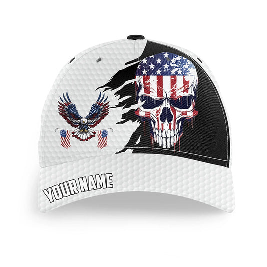 American Flag Skull Eagle Golf Ball White Golfer Hat Custom Patriotic Golf Hats, Gifts For Golfers, Golf Baseball Cap