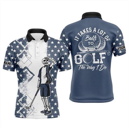 American Flag Skull Golf Blue Mens Golf Polo Shirt Custom It Takes A Lot Of Balls To Golf The Way I Do, Golf Polo Shirts